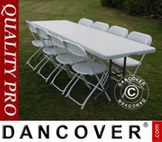 Pacchetto Party, 1 tavolo pieghevole (242cm) + 8 sedie, Grigio chiaro/Bianco